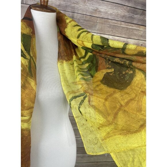 Van Gogh Museum Scarf RARE Sunflowers Yellow Green Boho Lightweight Rectangle - Picture 2 of 10